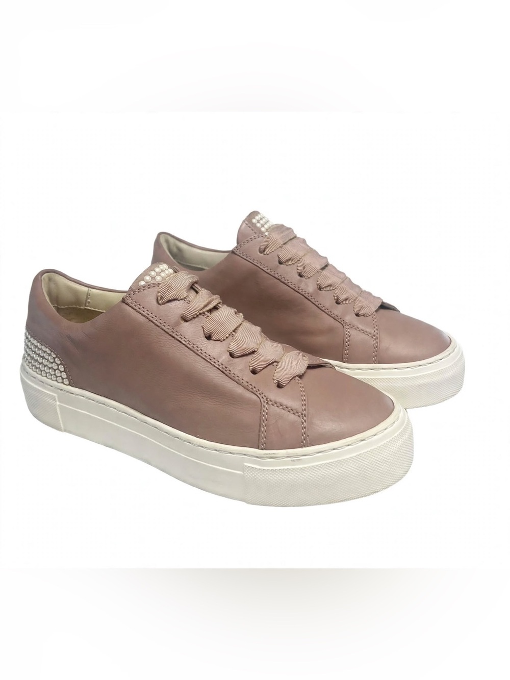 Attilio Giusti Leombruni Blush TaupeLeather Platform Sneakers with Pearl Detail